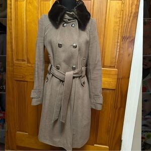 Tahari Wool-Blend Trench-Style Coat with Removable Faux Fur Collar